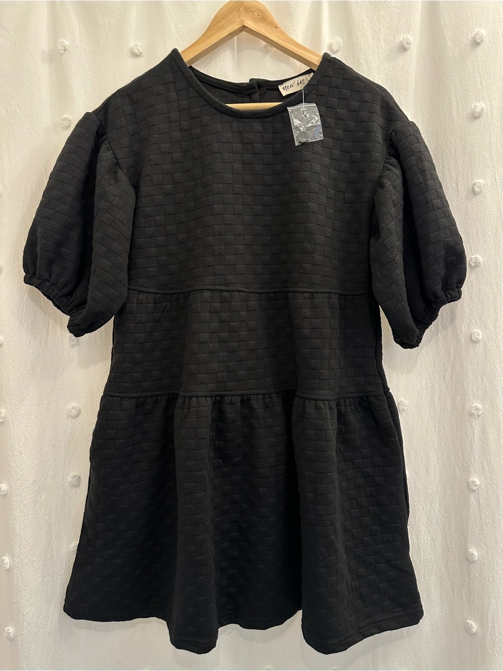Checker Texture Puff-Sleeve Dress - Black sz Small